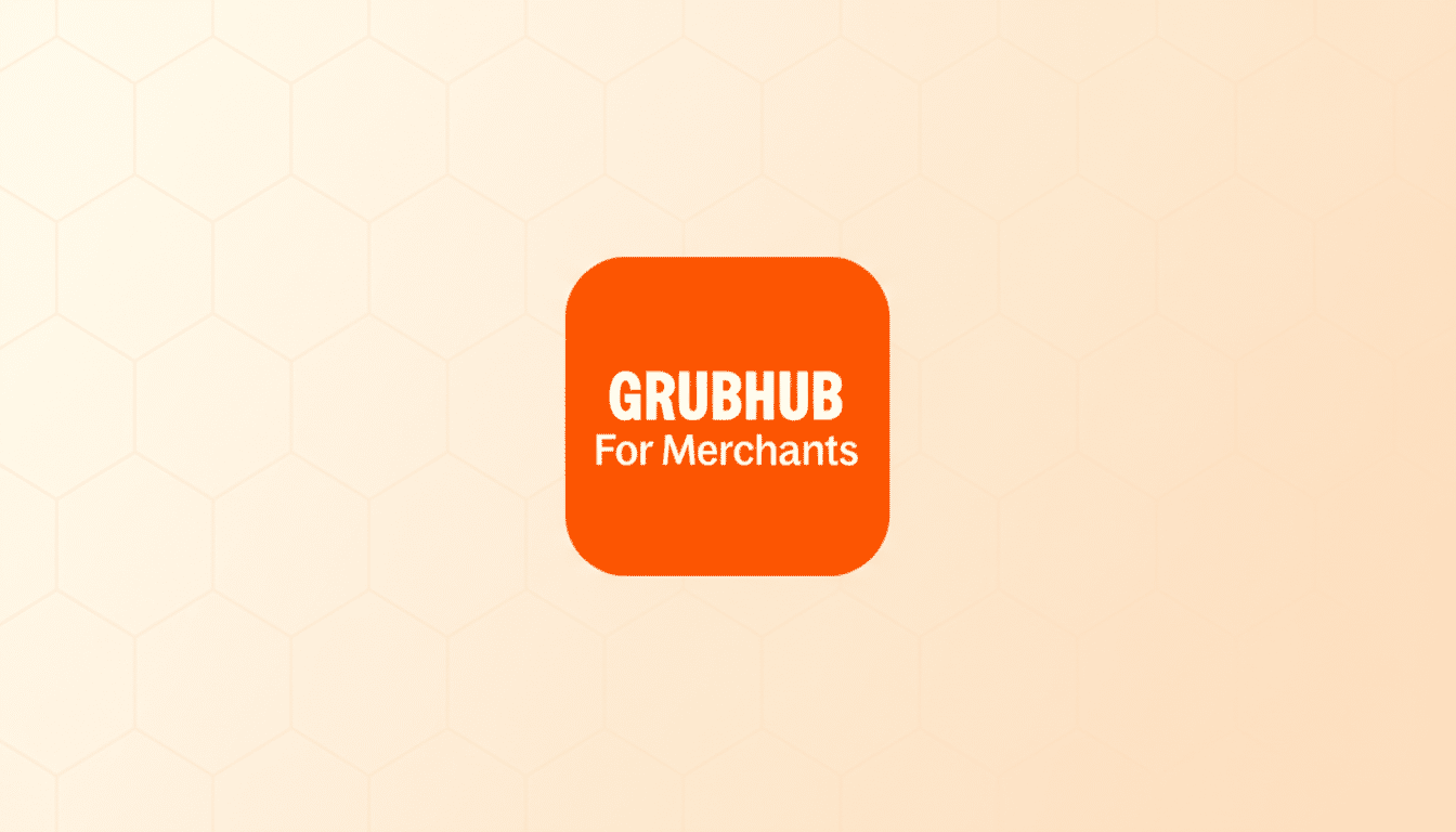 The Grubhub for Merchants logo, featuring white text on an orange rounded square, centered on a light orange background with a subtle hexagonal pattern.