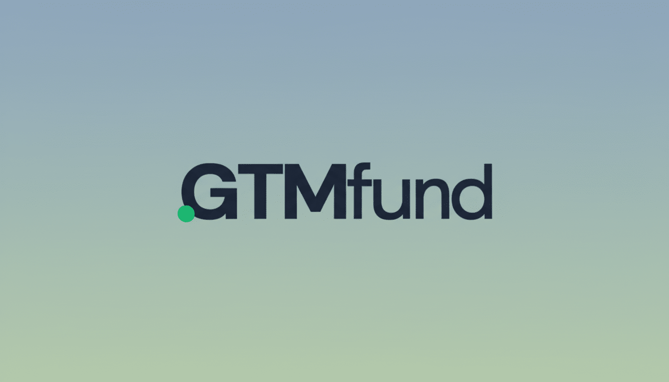 The GTMfund logo, featuring dark gray text with a small green circle to the left of the G, set against a professional flat design background with a soft blue-green gradient.