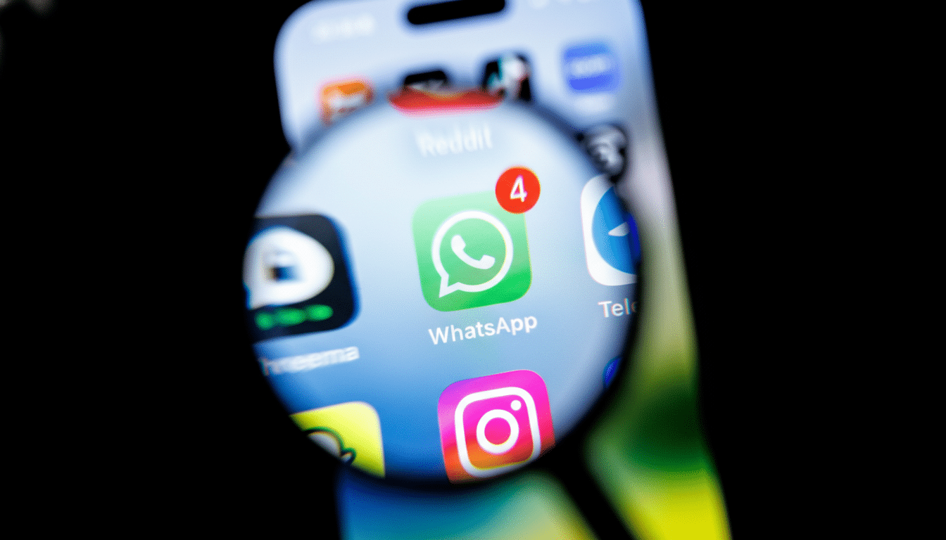 A close-up shot of a smartphone screen showing various app icons, with the WhatsApp icon magnified by a lens, displaying a notification badge with the number 4.