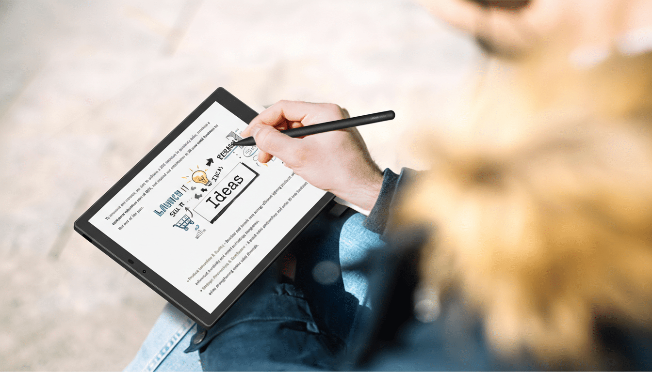 A persons hands holding a tablet with a stylus, displaying a business plan with the word Ideas prominently featured.