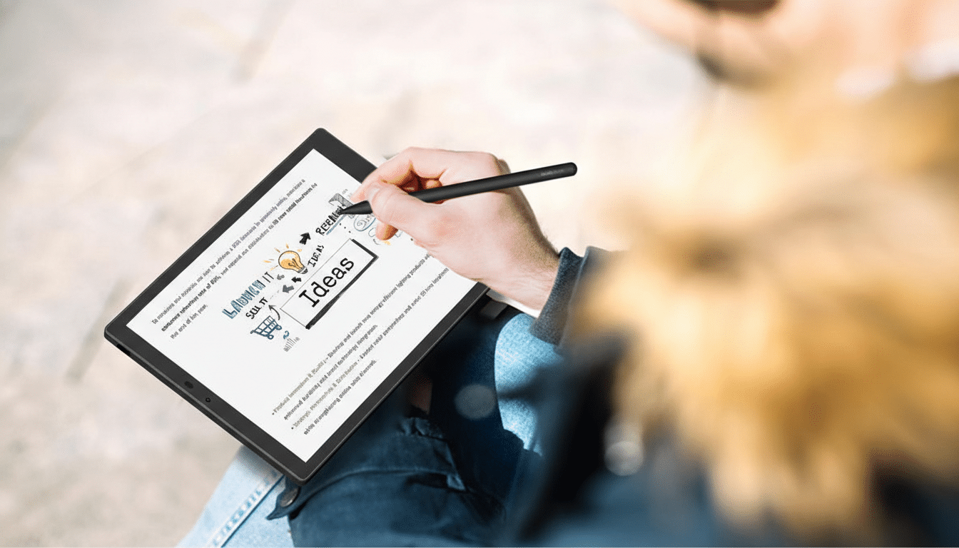 A persons hands holding a tablet with a stylus, displaying a business plan with the word Ideas prominently featured.