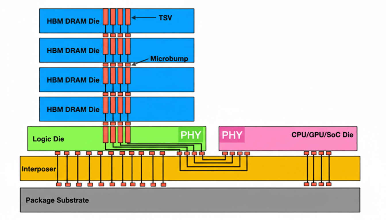 A diagram illustrating the stacked architecture of High Bandwidth Memory (HBM) DRAM dies connected via TSVs and microbumps to a Logic Die, which in turn connects to an Interposer and a CPU/GPU/SoC Die, all mounted on a Package Substrate.