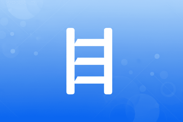 A white ladder icon on a blue background with a subtle gradient and soft, abstract patterns.