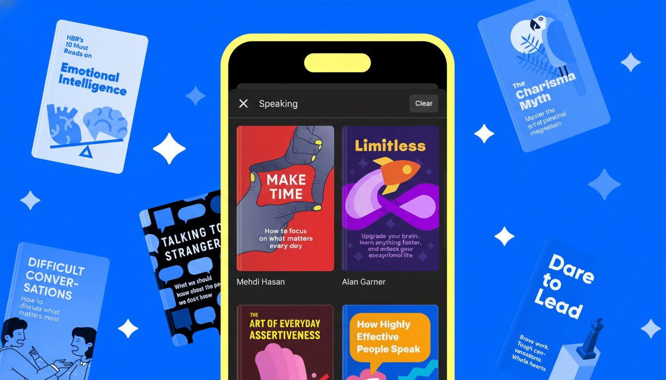 A mobile phone displaying a Speaking category with various book covers, surrounded by several other book covers and white star-like shapes on a blue background.