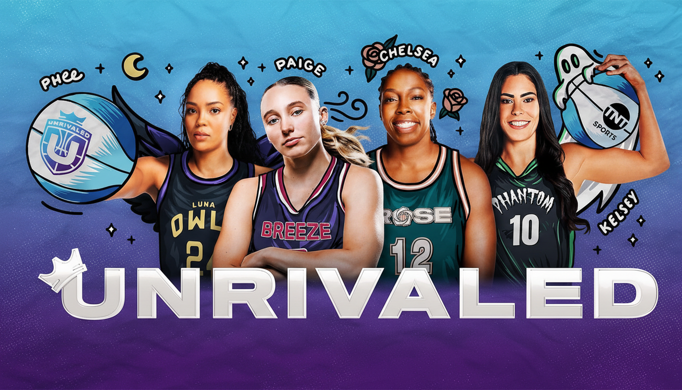 Four female basketball players, Phee, Paige, Chelsea, and Kelsey, are featured in a promotional image for UNRIVALED. They are standing in front of a blue and purple background with various graphic elements.