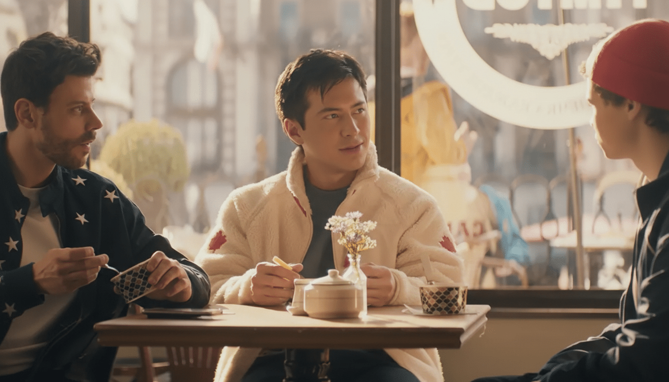 Three men sitting at a table in a cafe, with one man in a cream-colored fleece jacket looking to his right.