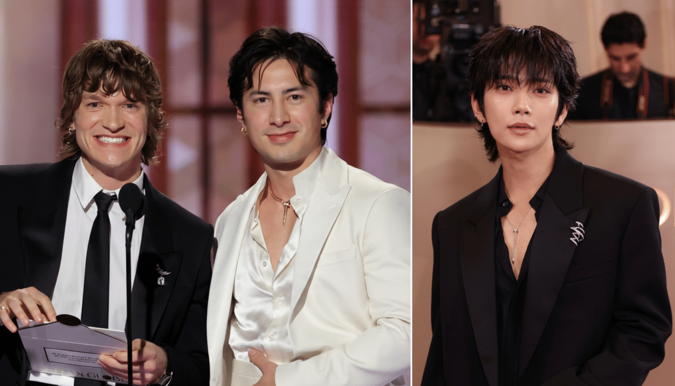 A split image showing two men on the left, one with shaggy brown hair smiling and holding an award, and another man with dark hair in a white suit smiling. On the right, a man with dark, shaggy hair in a black suit looks directly at the camera.