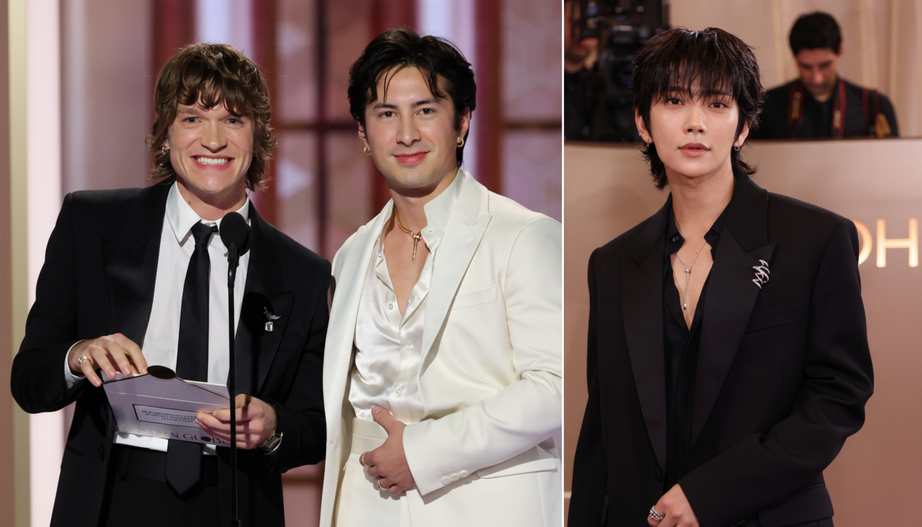 Three men in formal wear at an awards ceremony. Two men are on the left, one smiling broadly and holding an award, the other smiling subtly. The third man is on the right, looking directly at the camera.