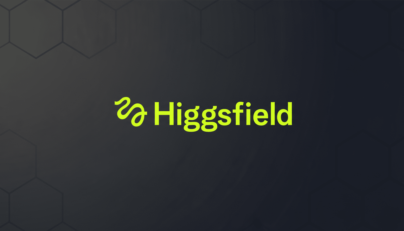The Higgsfield logo, featuring the word Higgsfield in a bright lime green, stylized font, with a unique, abstract S shape preceding it. The logo is centered on a dark gray background with subtle, geometric hexagonal patterns.