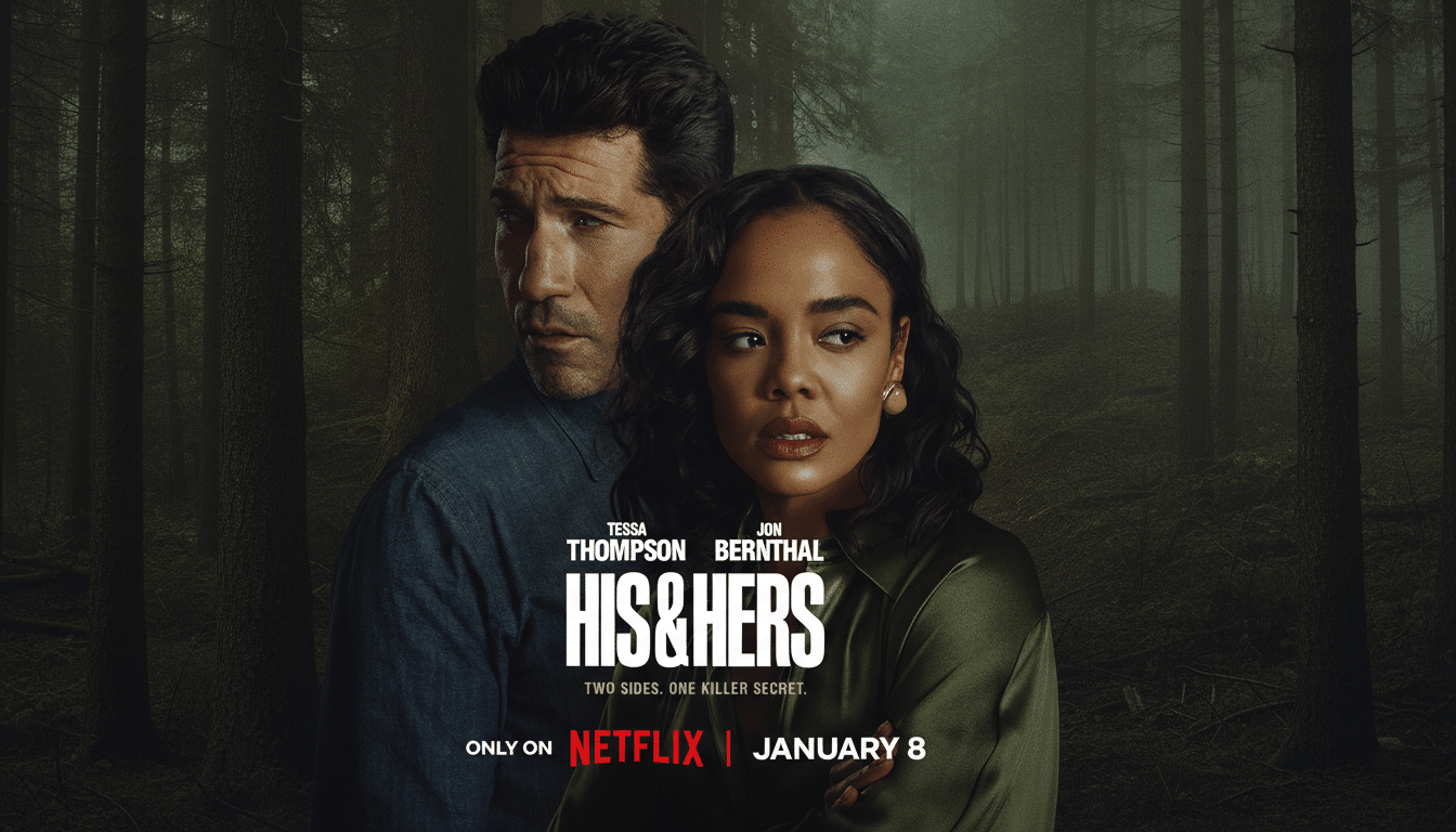 A movie poster for His & Hers featuring Tessa Thompson and Jon Bernthal, resized to a 16:9 aspect ratio.