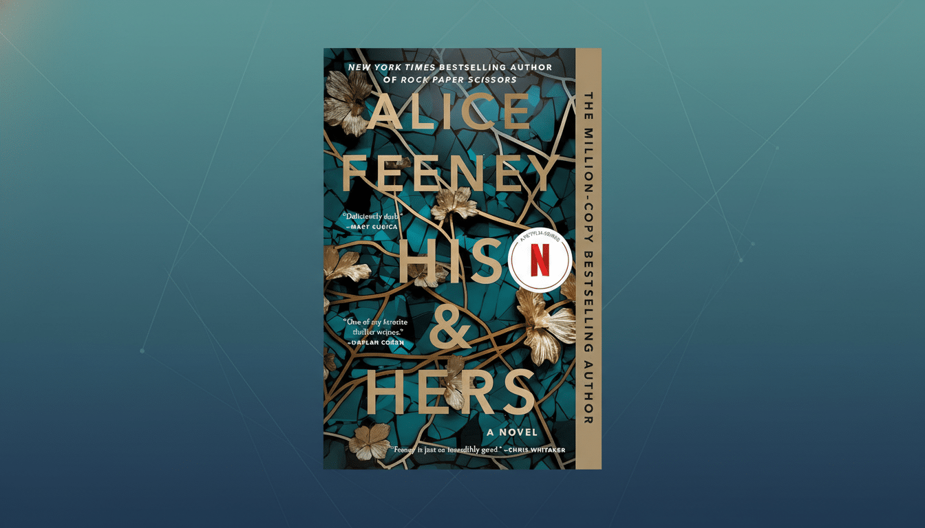 The book cover for His & Hers by Alice Feeney, set against a professional flat design background with soft patterns.
