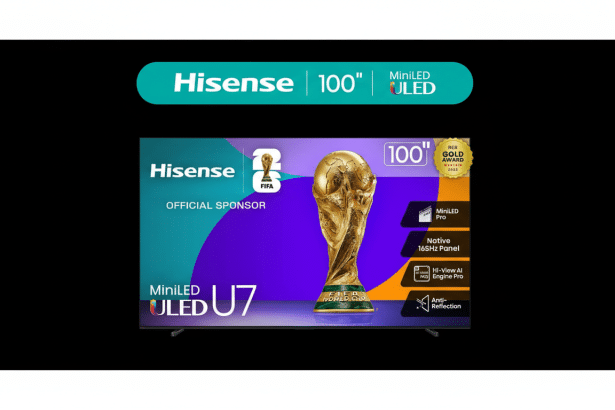 A Hisense 100-inch MiniLED ULED TV with a FIFA World Cup trophy on its screen, set against a dark background.