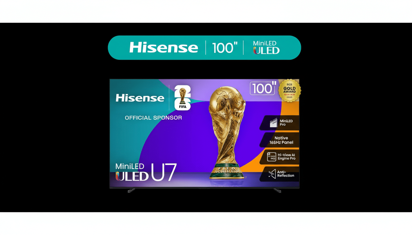 A Hisense 100-inch MiniLED ULED TV with a FIFA World Cup trophy on its screen, set against a dark background.