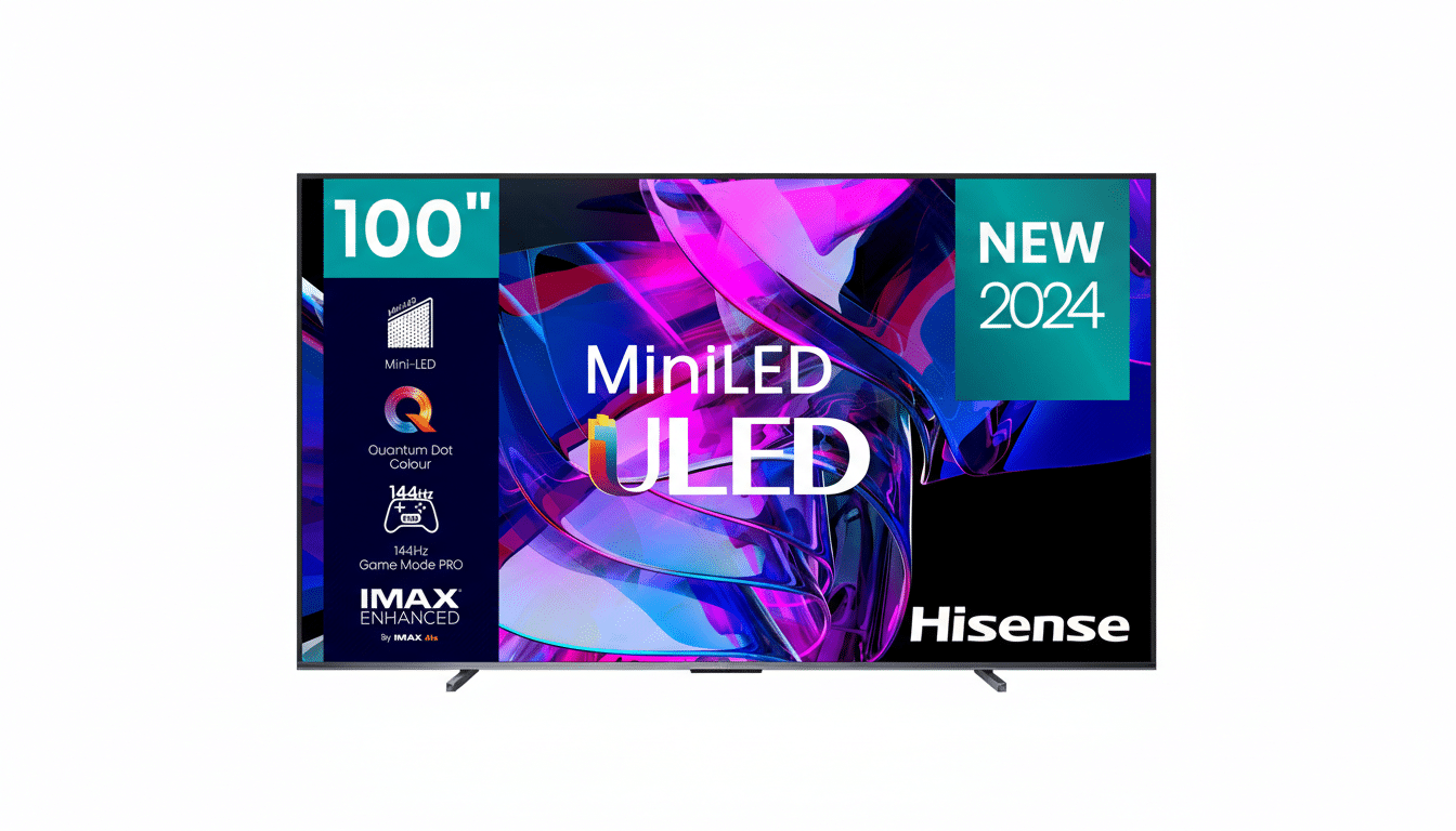 A Hisense 100-inch MiniLED ULED television, featuring NEW 2024 branding, Quantum Dot Colour, 144Hz Game Mode PRO, and IMAX Enhanced, presented on a white background.