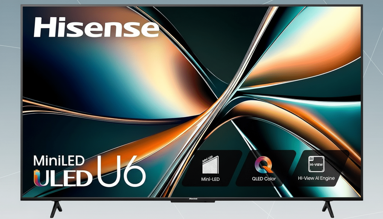 A Hisense MiniLED ULED U6 television displayed against a professional flat design background with soft patterns.