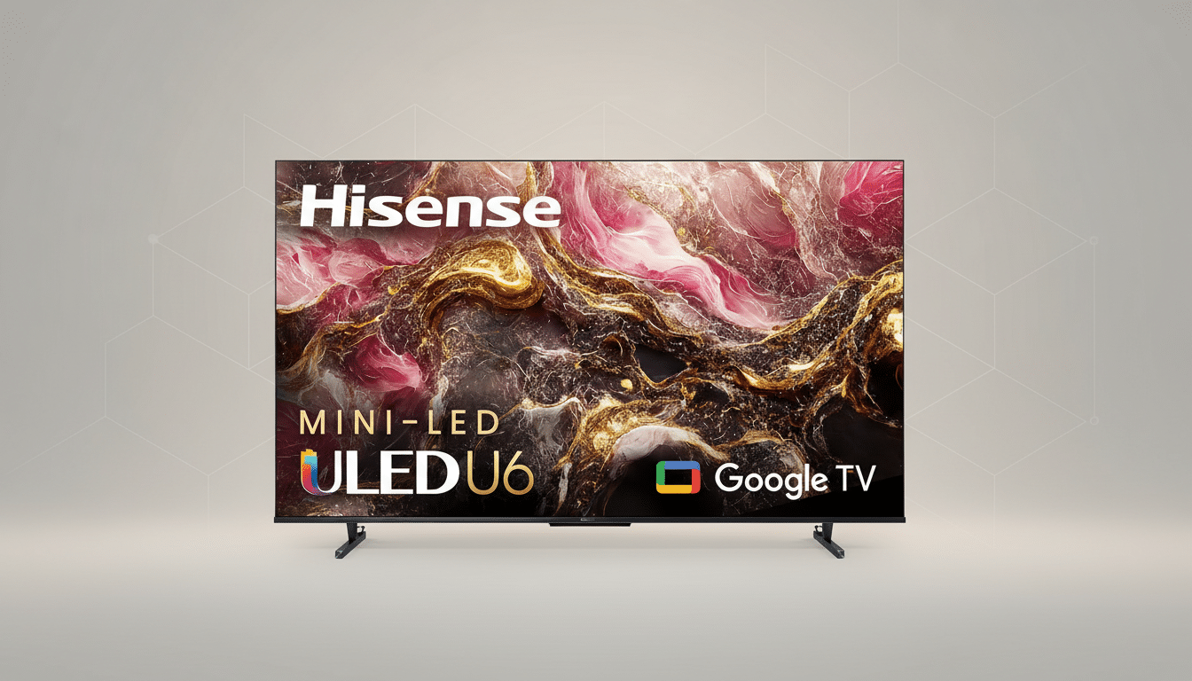 A Hisense Mini-LED ULED U6 TV with Google TV, set against a professional flat design background with soft patterns and gradients.