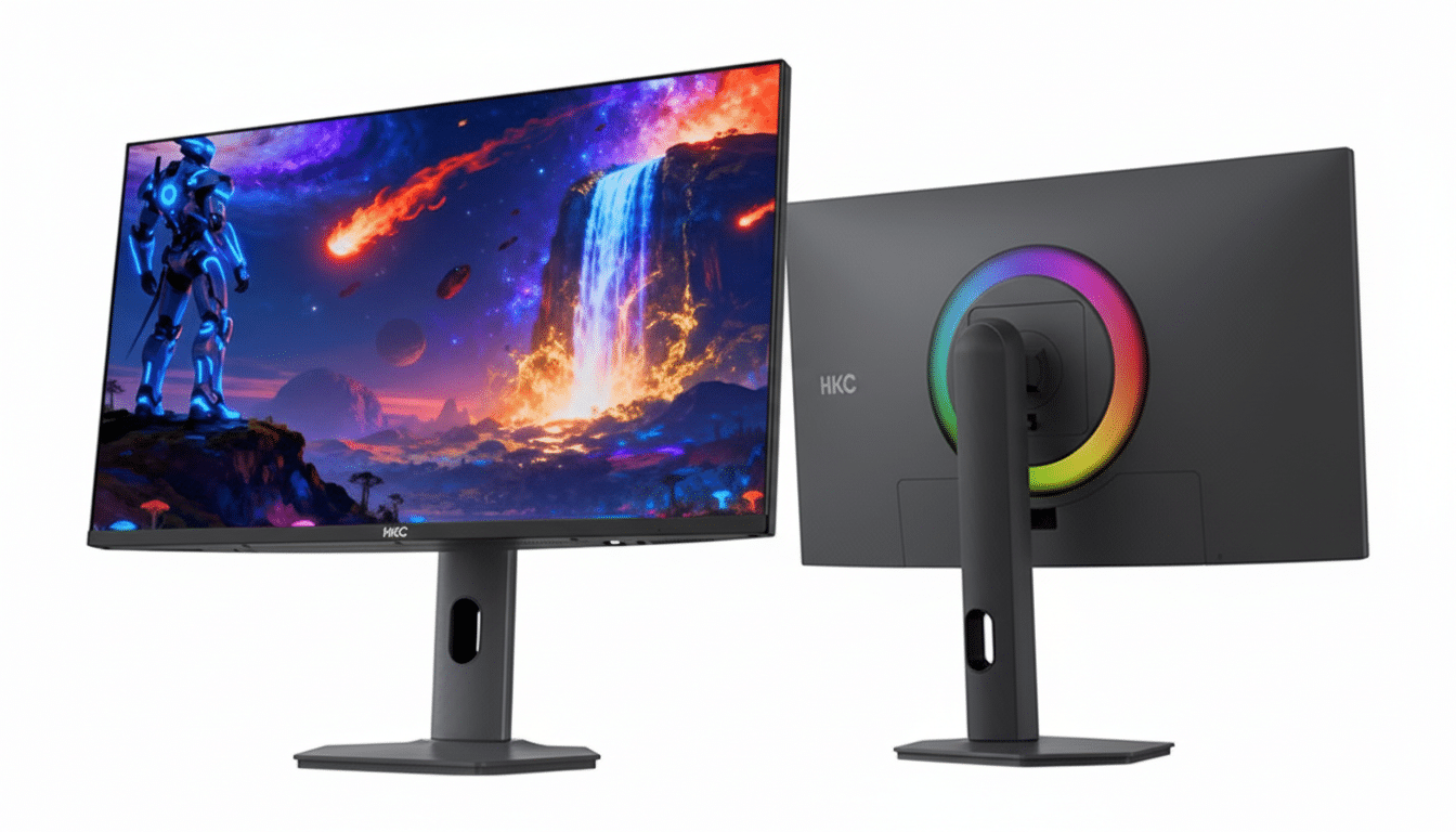 A professional image of an HKC gaming monitor, showcasing its front display with a vibrant sci-fi scene and its rear with a colorful LED ring, presented on a clean white background.
