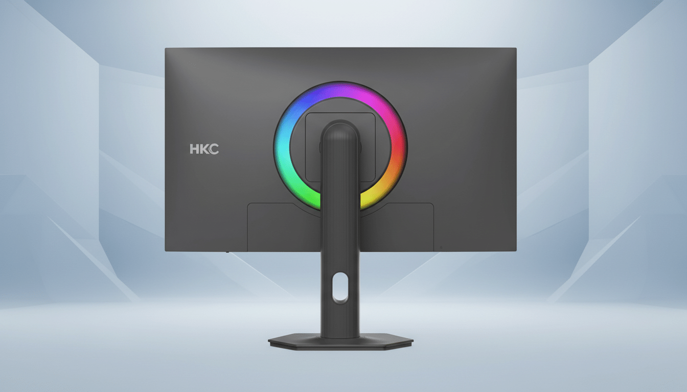 The back of an HKC monitor with a colorful LED ring around the stand attachment, set against a professional flat design background with soft patterns.