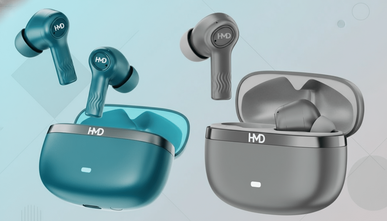 Two sets of HMD wireless earbuds and their charging cases, one in teal and one in gray, presented on a professional flat design background with soft patterns and gradients.