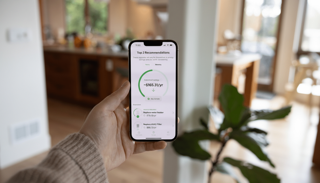 A hand holding a smartphone displaying an energy-saving app with recommendations.
