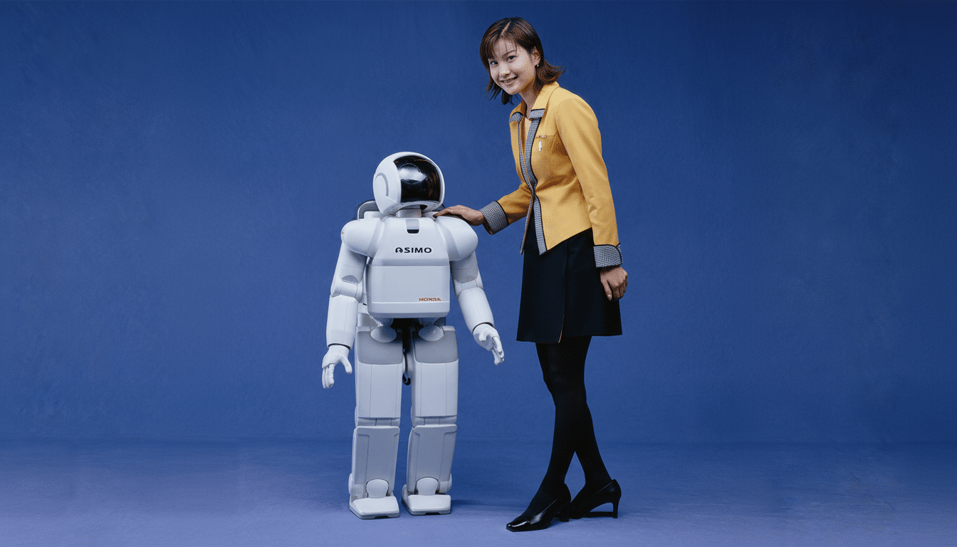 A woman in a yellow jacket and black skirt stands next to the ASIMO robot, with her hand resting on its shoulder. The background is a solid blue.
