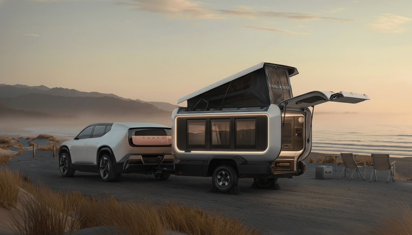 A white electric SUV towing a modern, compact camper trailer with its pop-up roof extended, parked on a dirt road overlooking a beach at sunset.