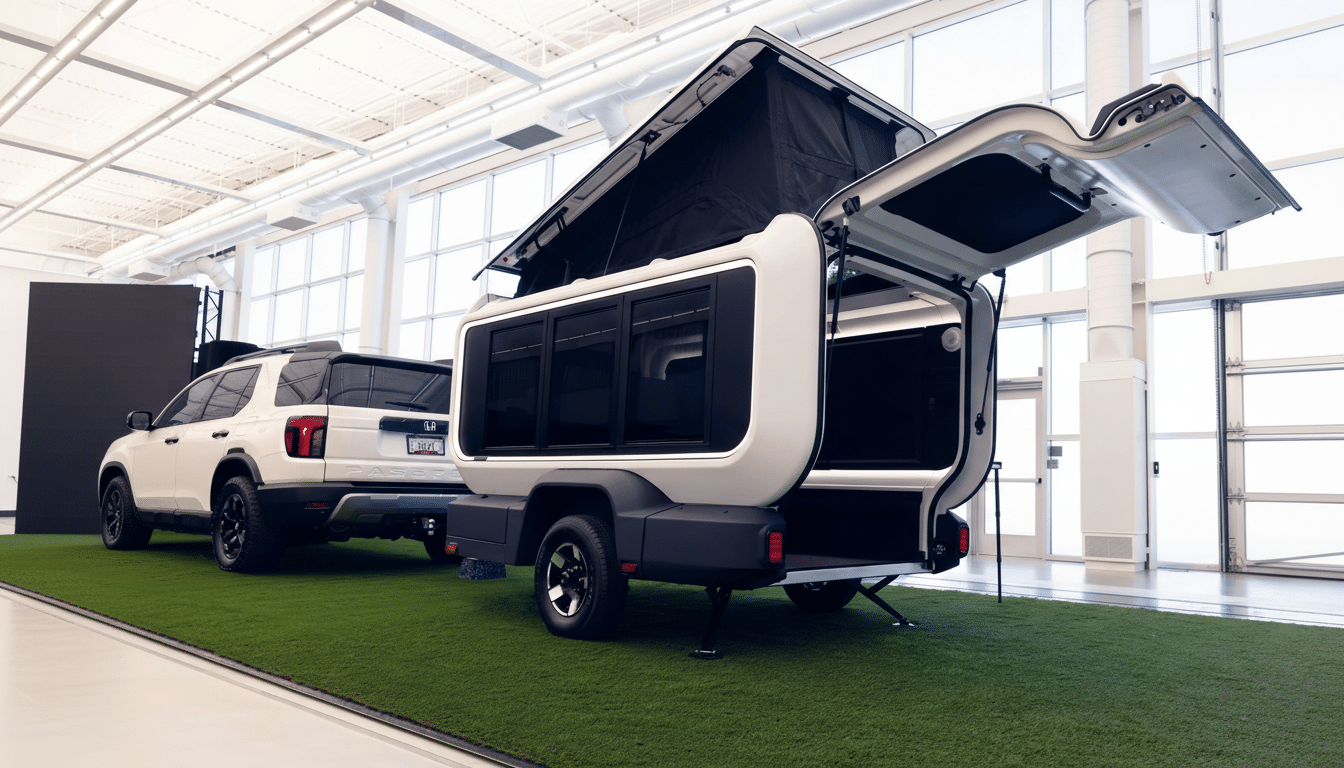 A white SUV is parked next to a modern, white and black camper trailer with its top popped up and rear hatch open, both displayed on green artificial grass indoors.