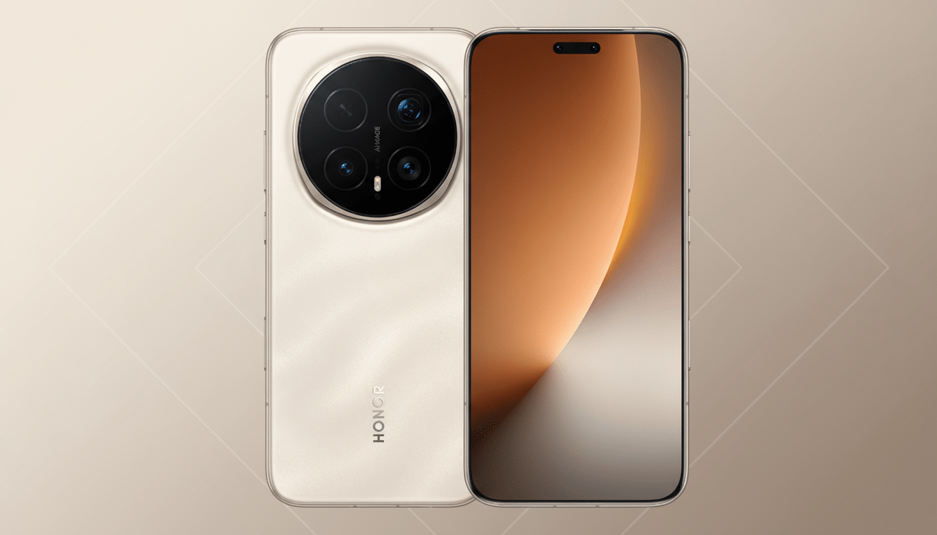 A professional image of a beige smartphone, showcasing its front and back, set against a soft, patterned gradient background.