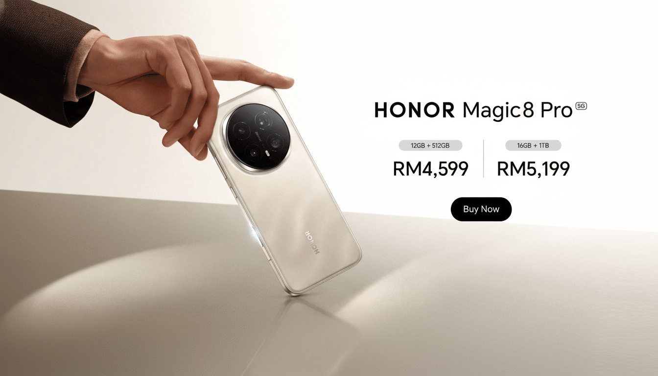 A hand holding a gold Honor Magic8 Pro 5G smartphone, with pricing and Buy Now button on a white and gold gradient background.