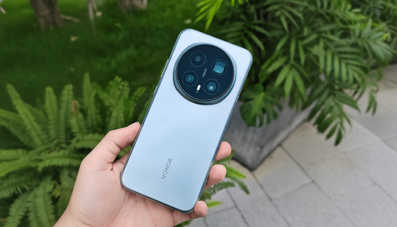 Honor Magic 8 Pro night photography camera with low-light city skyline backdrop