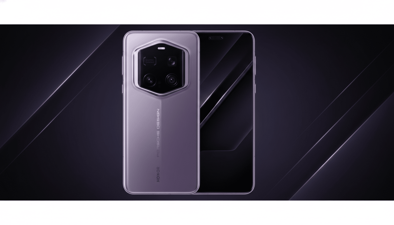 A purple Honor Porsche Design smartphone with a large camera module on the back, presented against a dark, subtly patterned background.
