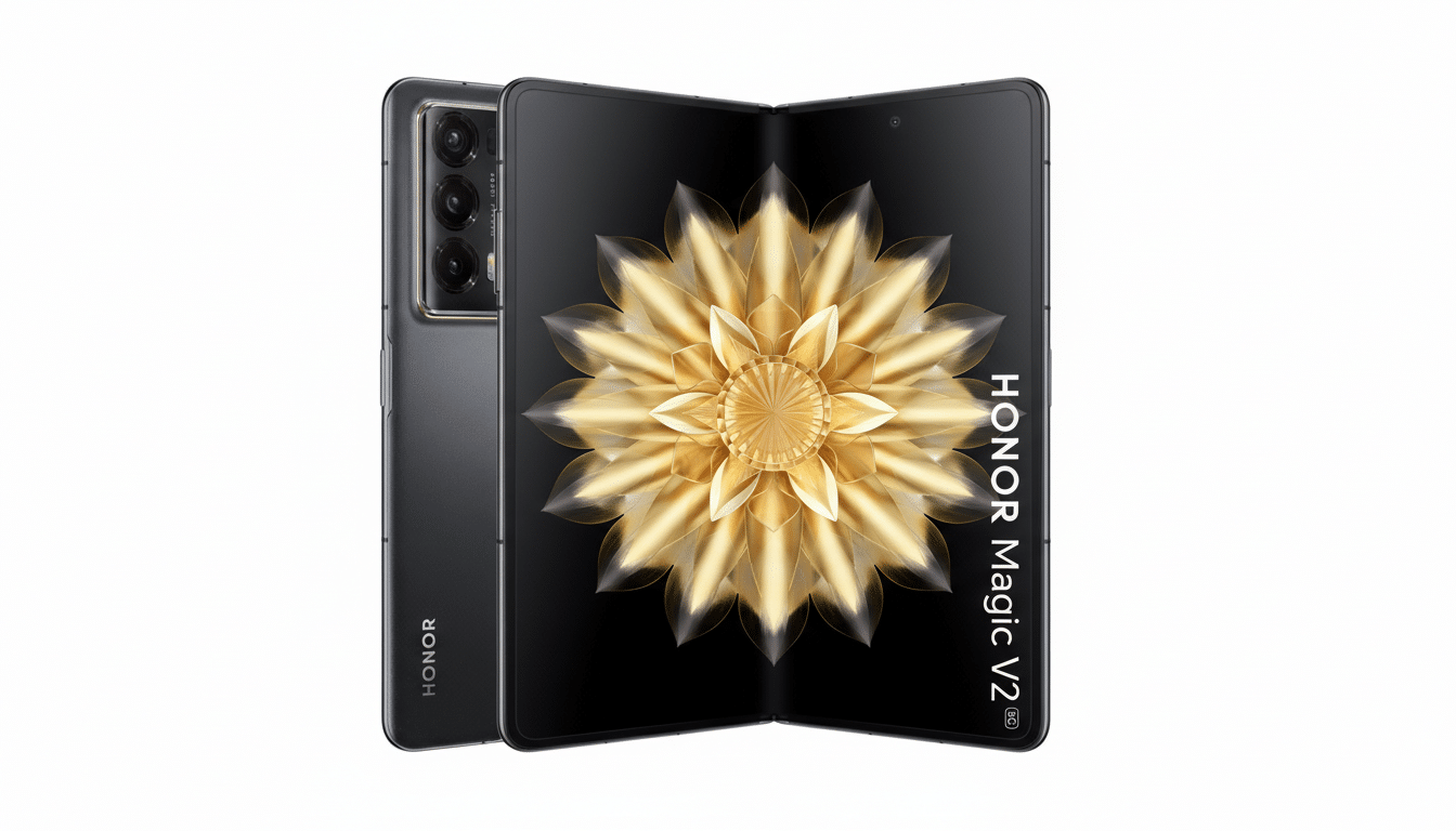 A black Honor Magic V2 foldable smartphone is displayed at a 16:9 aspect ratio, with its screen showing a golden, abstract floral design. The phone is slightly angled, revealing its camera array on the back.