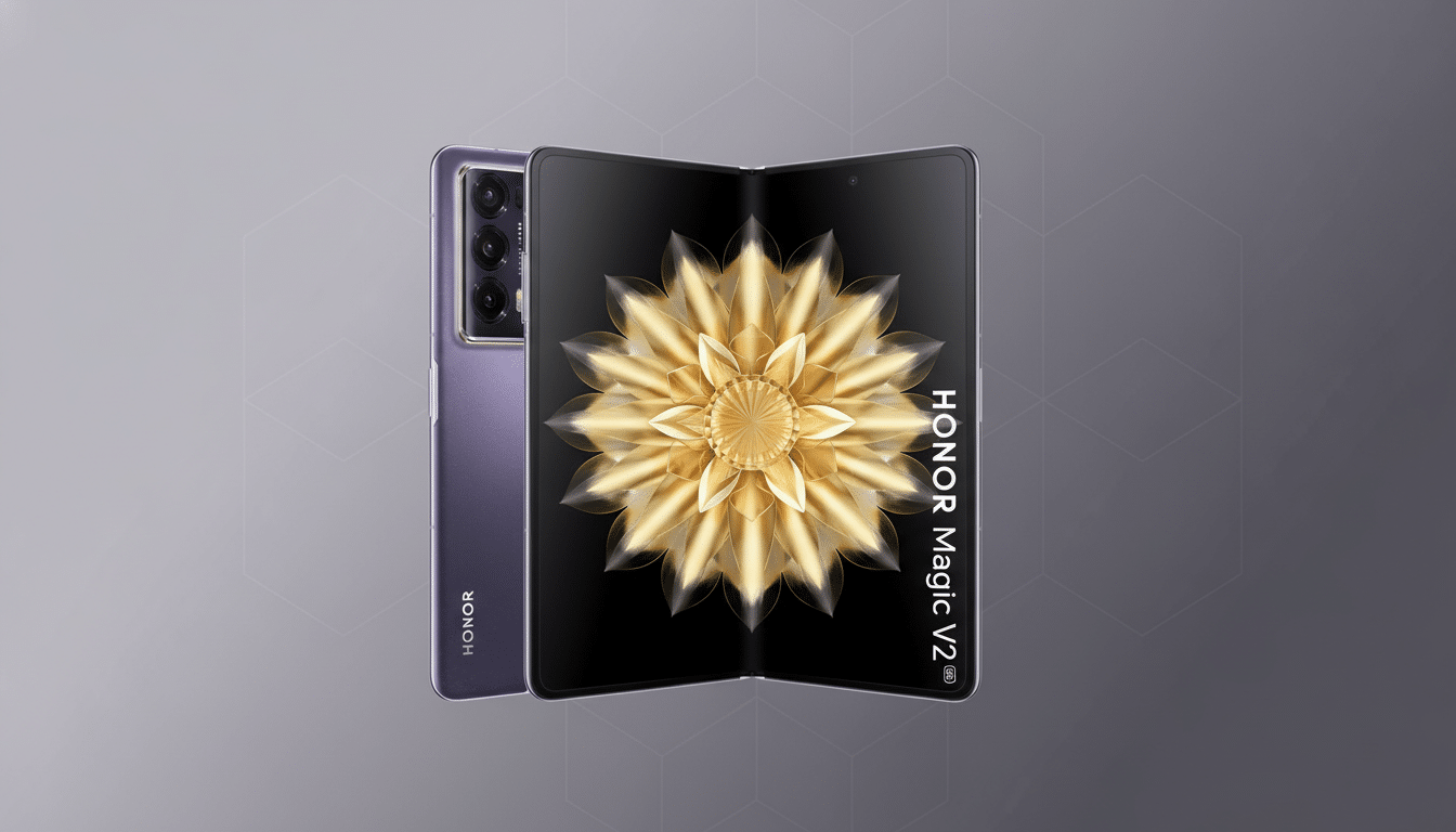 A purple Honor Magic V2 foldable phone is displayed with its screen open, showing a golden floral design. The phone is set against a professional gray background with subtle geometric patterns.