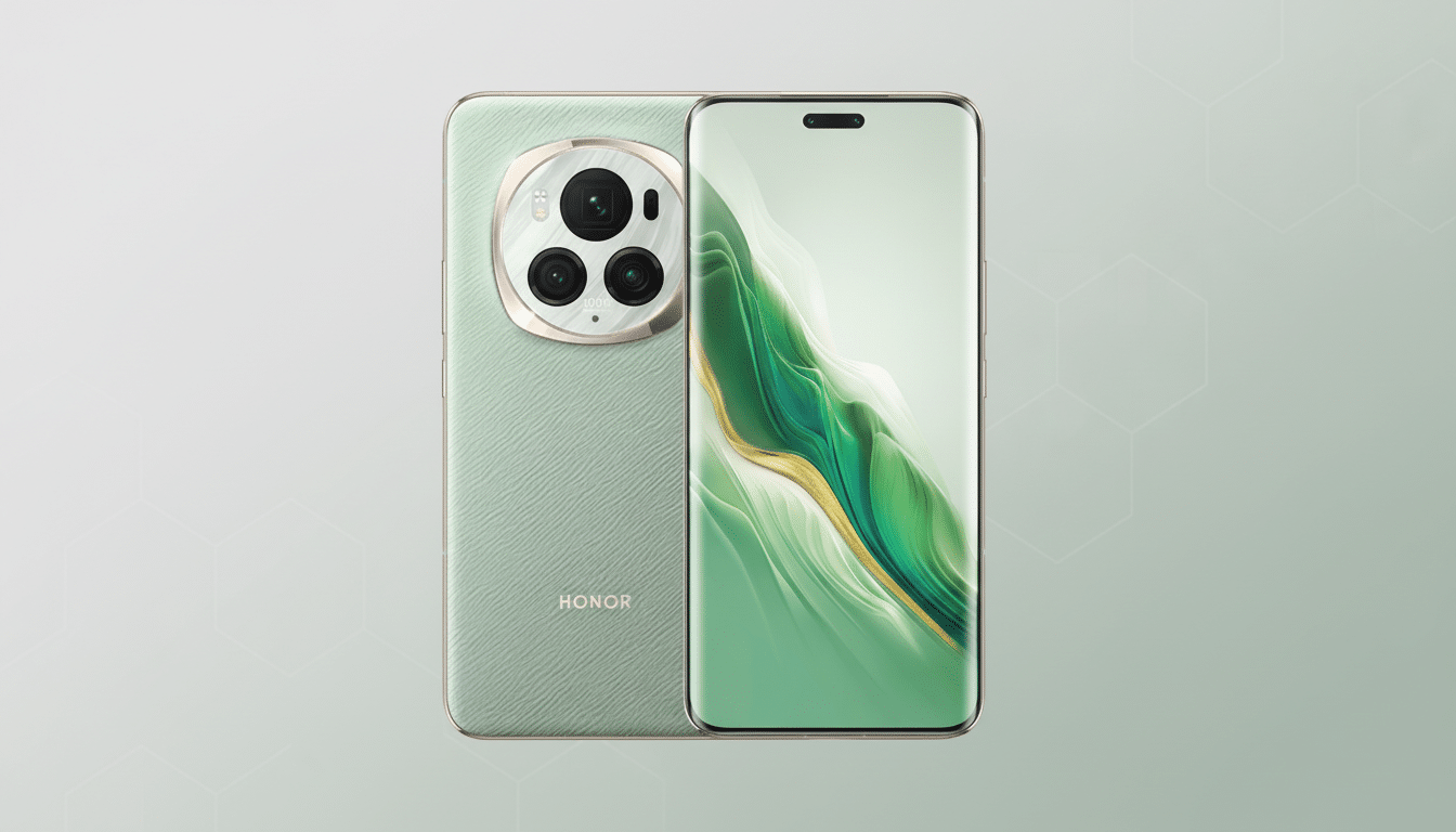 A light green Honor smartphone with a textured back and a large circular camera module, displayed on a professional light gray background with subtle geometric patterns.