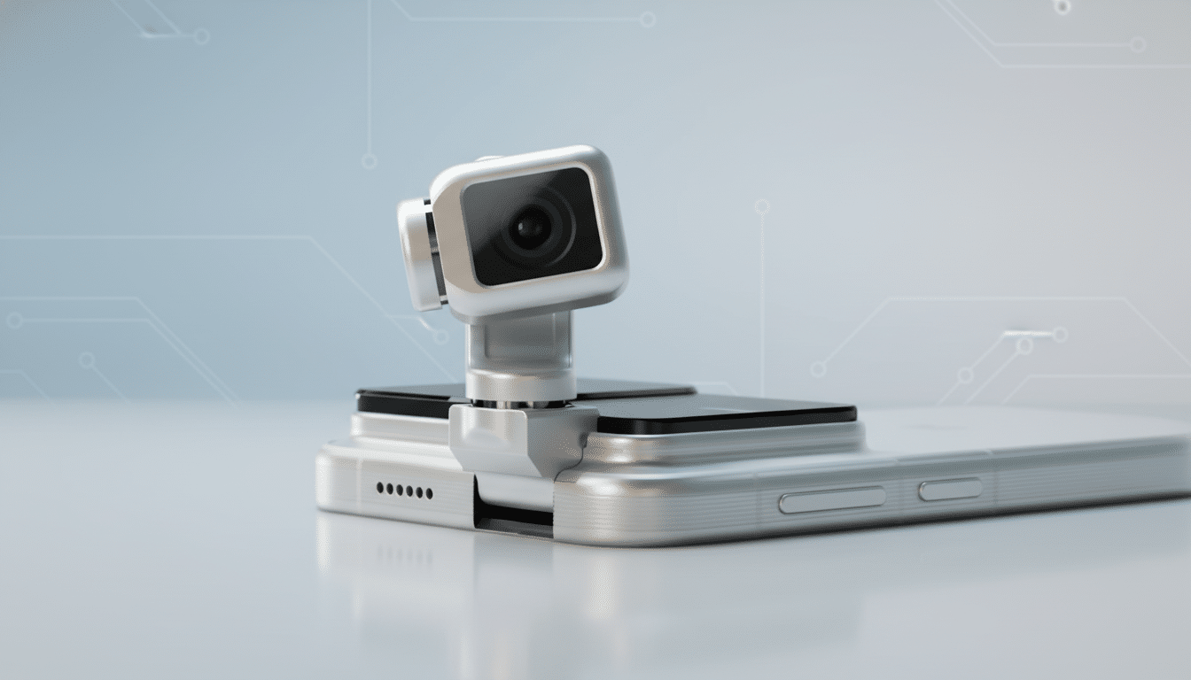 A close-up shot of a small, silver, square-shaped camera attached to a smartphone, set against a professional light blue background with subtle circuit board patterns.