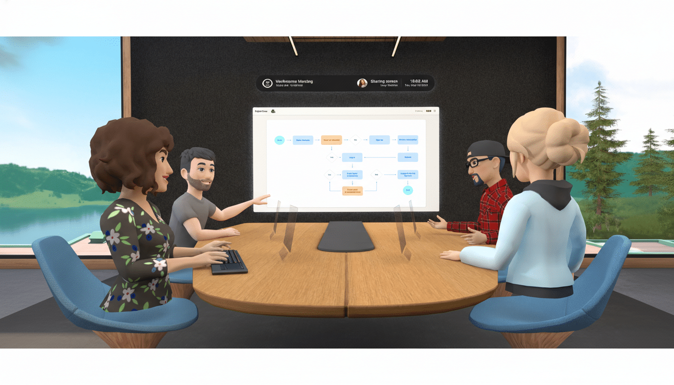 Four animated people in a virtual meeting room, seated around a wooden table, looking at a shared screen displaying a flowchart.