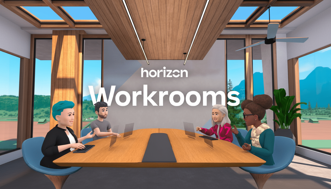 Four diverse avatars are seated around a large wooden conference table in a modern virtual meeting room with large windows and a skylight, with the horizon Workrooms logo prominently displayed.