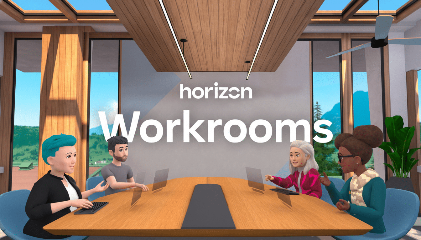 Four diverse cartoon avatars are seated around a large wooden conference table in a modern virtual meeting room with large windows overlooking a mountain landscape. The Horizon Workrooms logo is prominently displayed in white text in the center of the image.