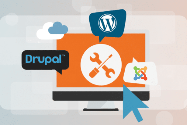 A computer monitor displaying a wrench and screwdriver icon, surrounded by speech bubbles with the logos for Drupal, WordPress, and Joomla, set against a professional flat design background with soft patterns and gradients.