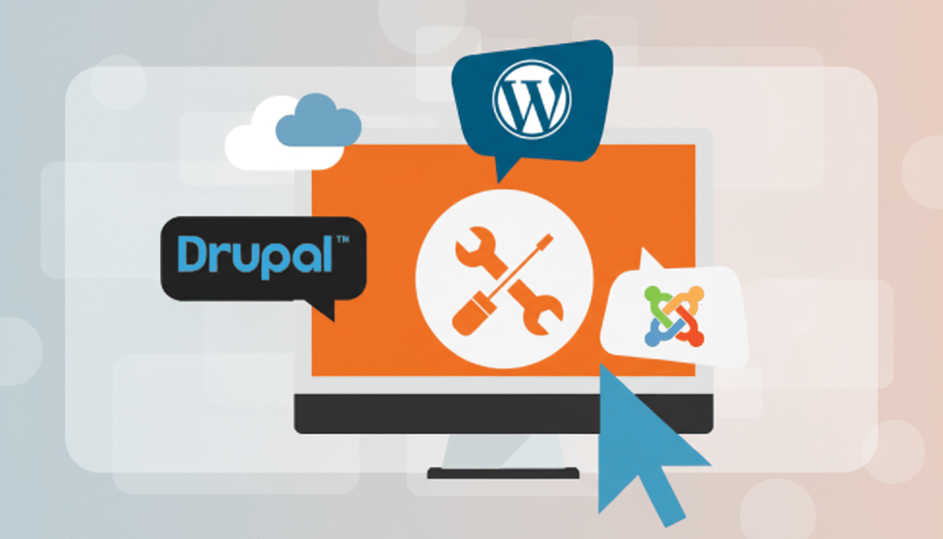 A computer monitor displaying a wrench and screwdriver icon, surrounded by speech bubbles with the logos for Drupal, WordPress, and Joomla, set against a professional flat design background with soft patterns and gradients.