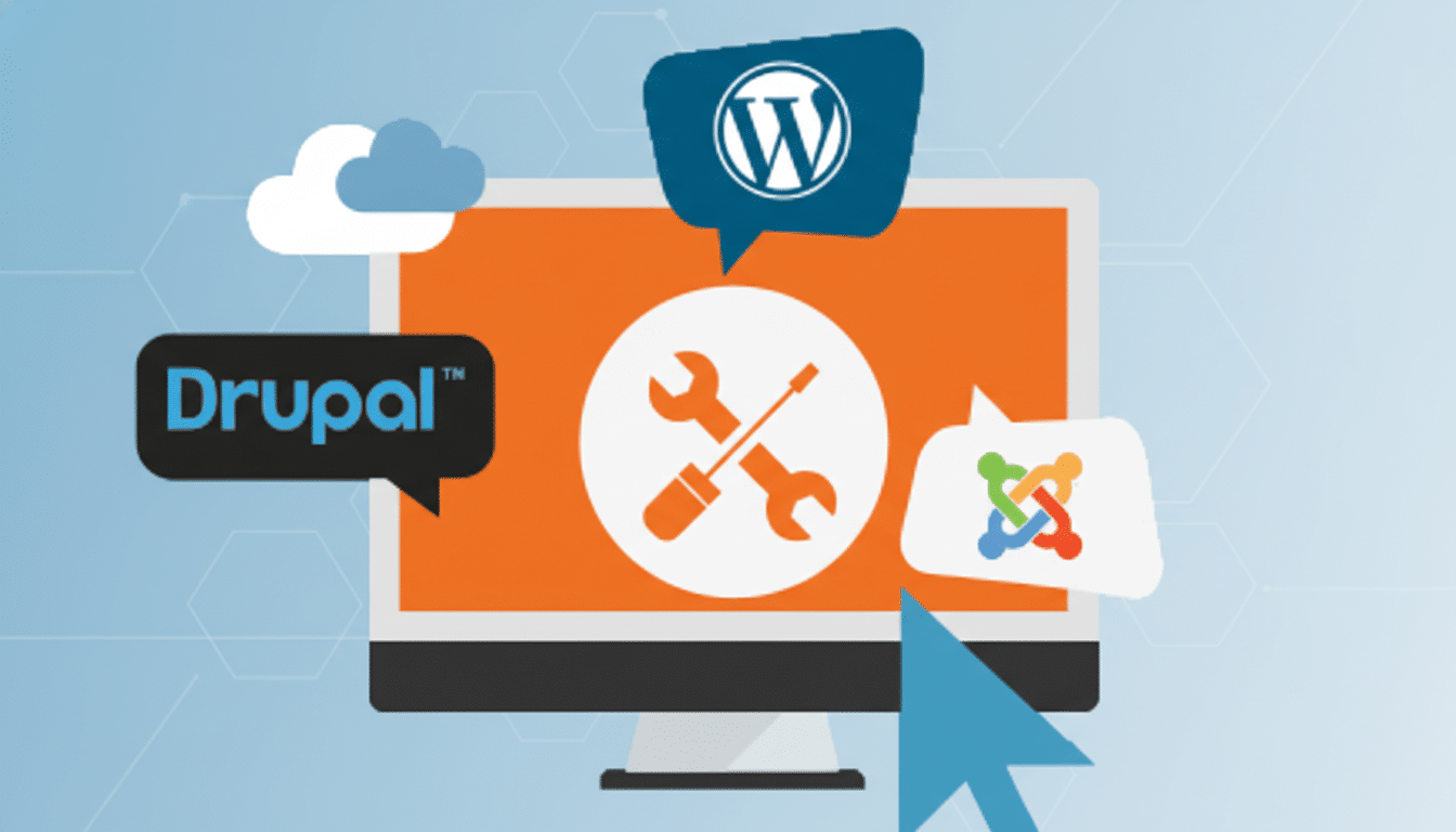 A computer monitor displaying a wrench and screwdriver icon, surrounded by speech bubbles with logos for Drupal, WordPress, and Joomla, against a professional gradient background.