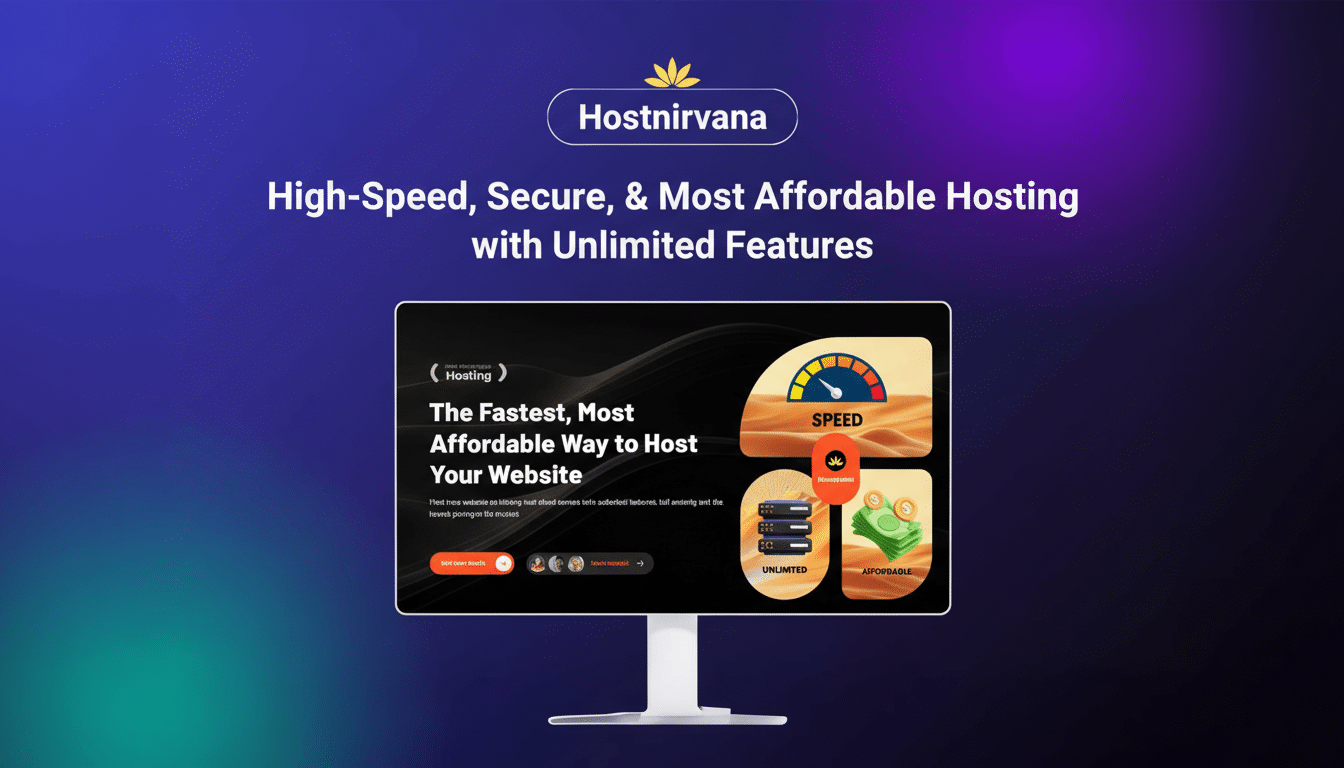 A 16:9 aspect ratio image of a desktop monitor displaying the Hostnirvana website, which advertises high-speed, secure, and affordable hosting with unlimited features. The background is a professional flat design with soft purple and blue gradients.