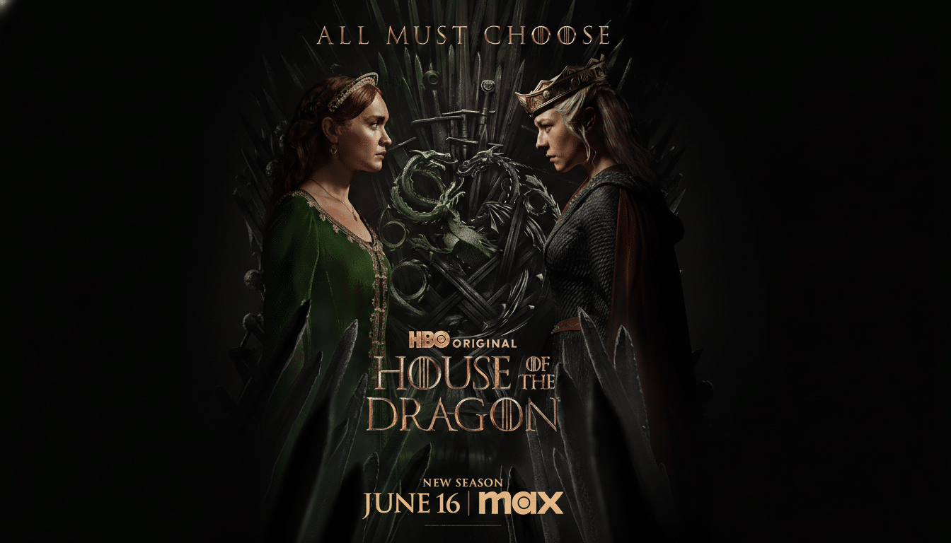 A promotional poster for House of the Dragon featuring two women, one in green and one in black, facing each other with a dragon-adorned throne between them. The text ALL MUST CHOOSE is at the top, and NEW SEASON JUNE 16 | MAX is at the bottom.