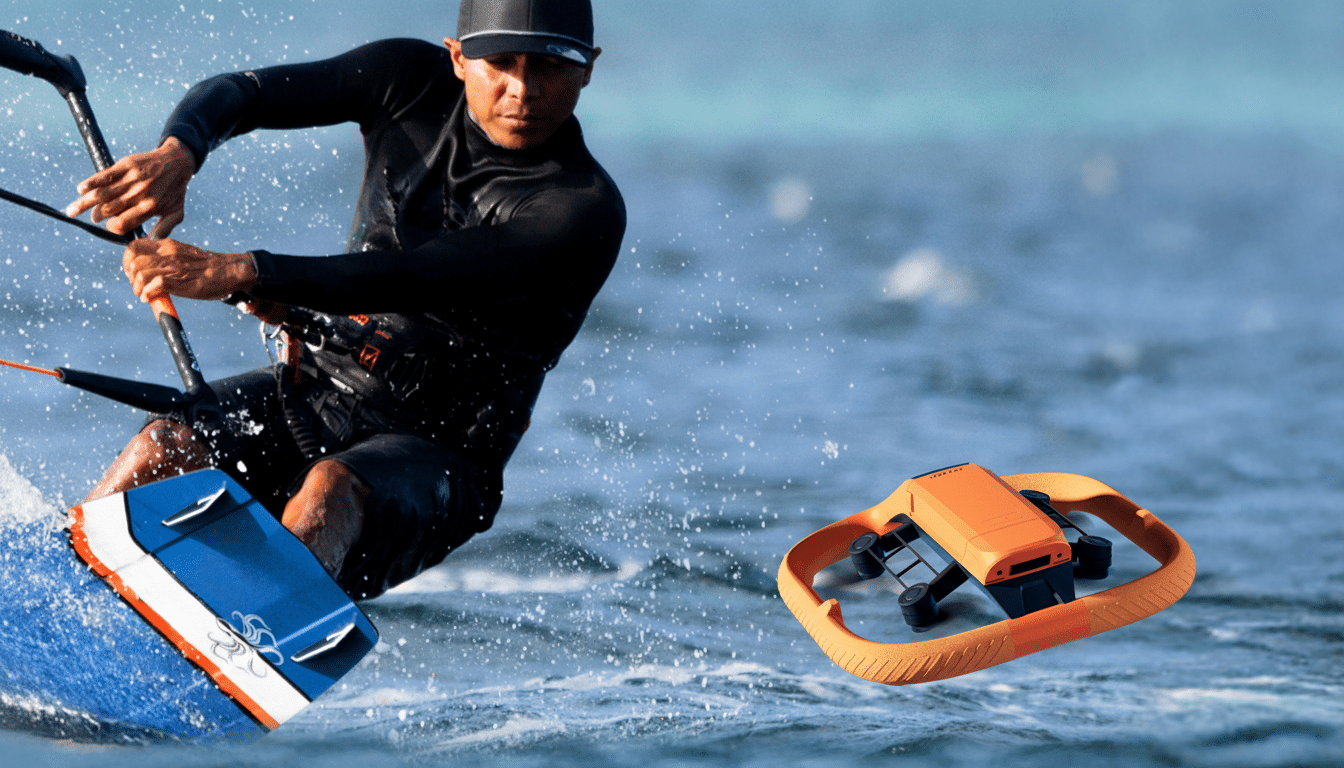 A man kiteboarding on the ocean with an orange drone flying next to him.