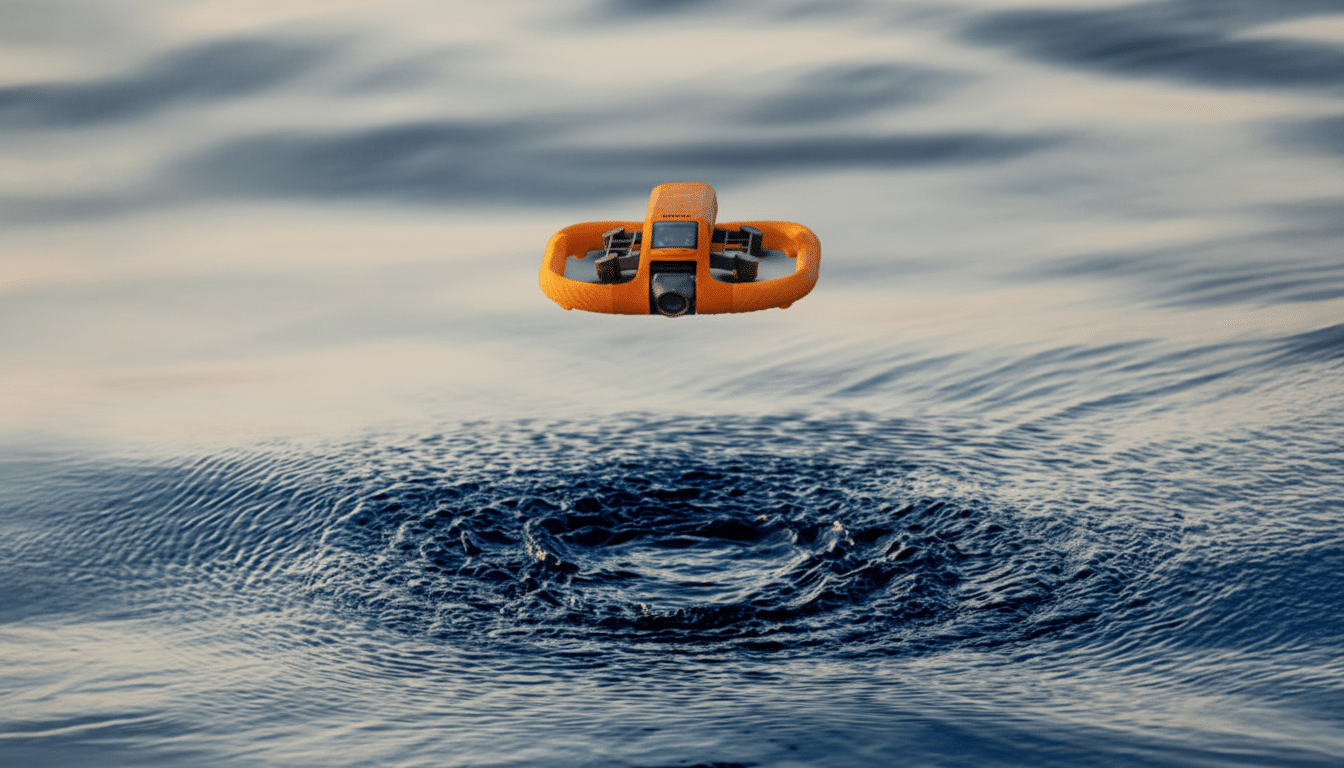 An orange drone hovers above rippling blue water, with a circular splash directly below it.