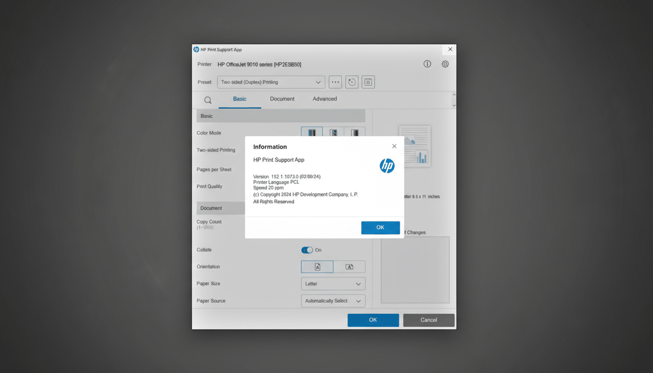 A screenshot of the HP Print Support Apps Information dialog box, showing version details and copyright information, set against a professional flat gray background with subtle patterns.