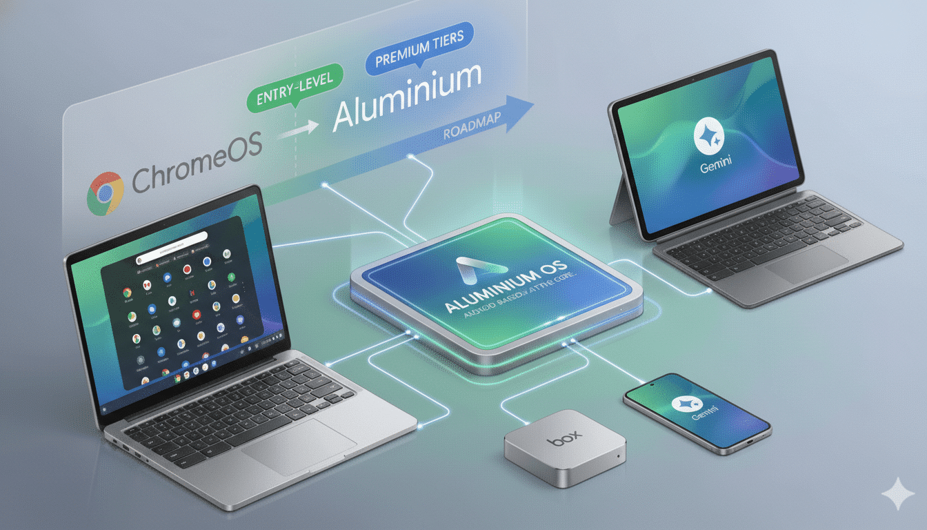 A professional image showcasing the evolution from ChromeOS to Aluminium OS, with various devices like laptops, tablets, and smartphones displaying the new operating system.
