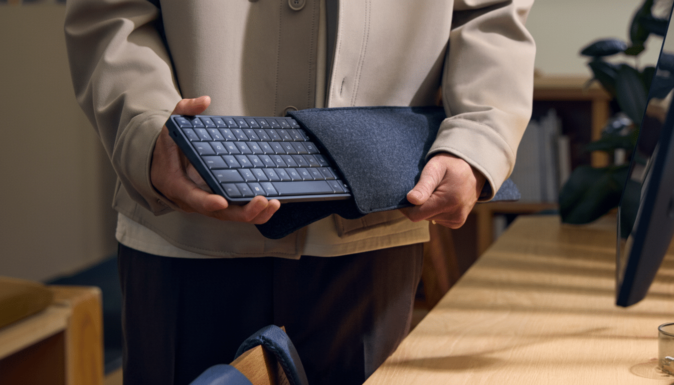 A person holding a black wireless keyboard in a dark grey felt sleeve, standing at a wooden desk with a computer monitor visible on the right.