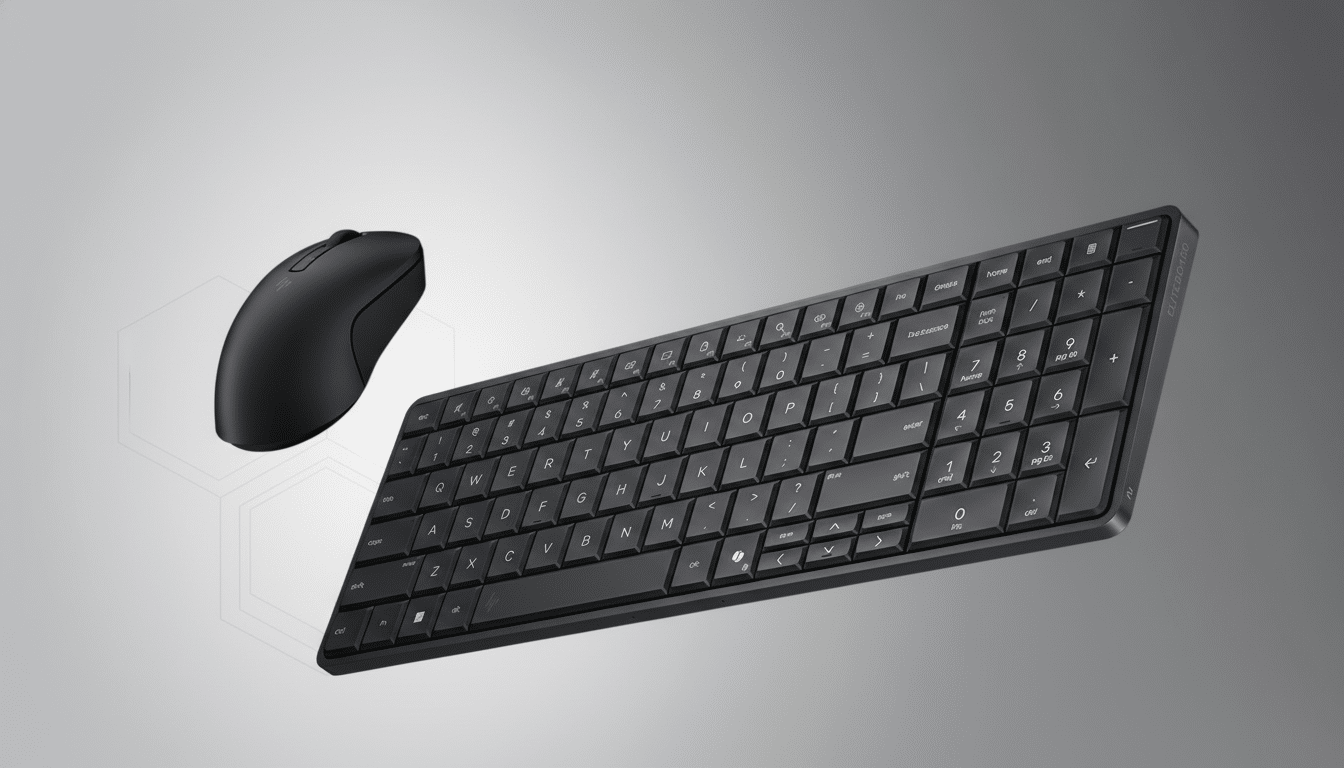 A black wireless keyboard and mouse set on a gray background with subtle hexagonal patterns.
