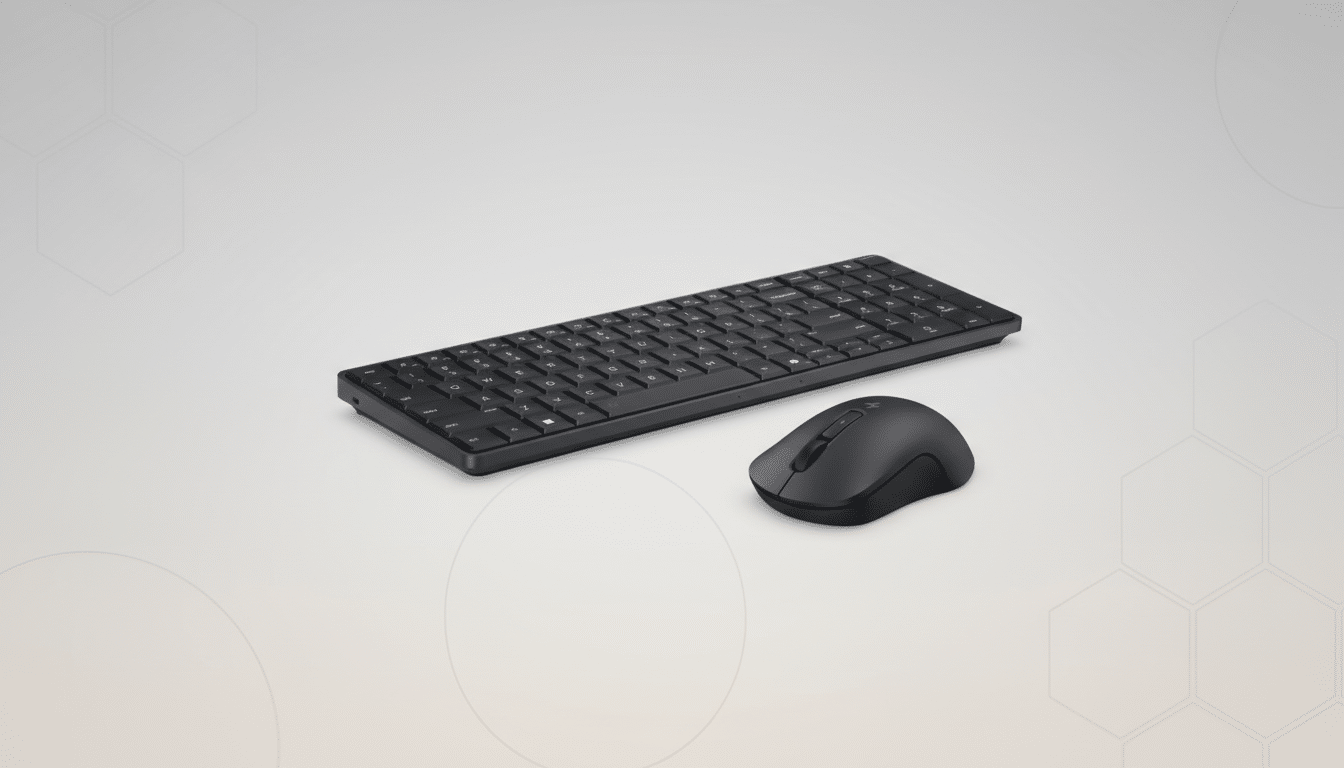 A black wireless keyboard and mouse set on a light gray background with subtle geometric patterns.